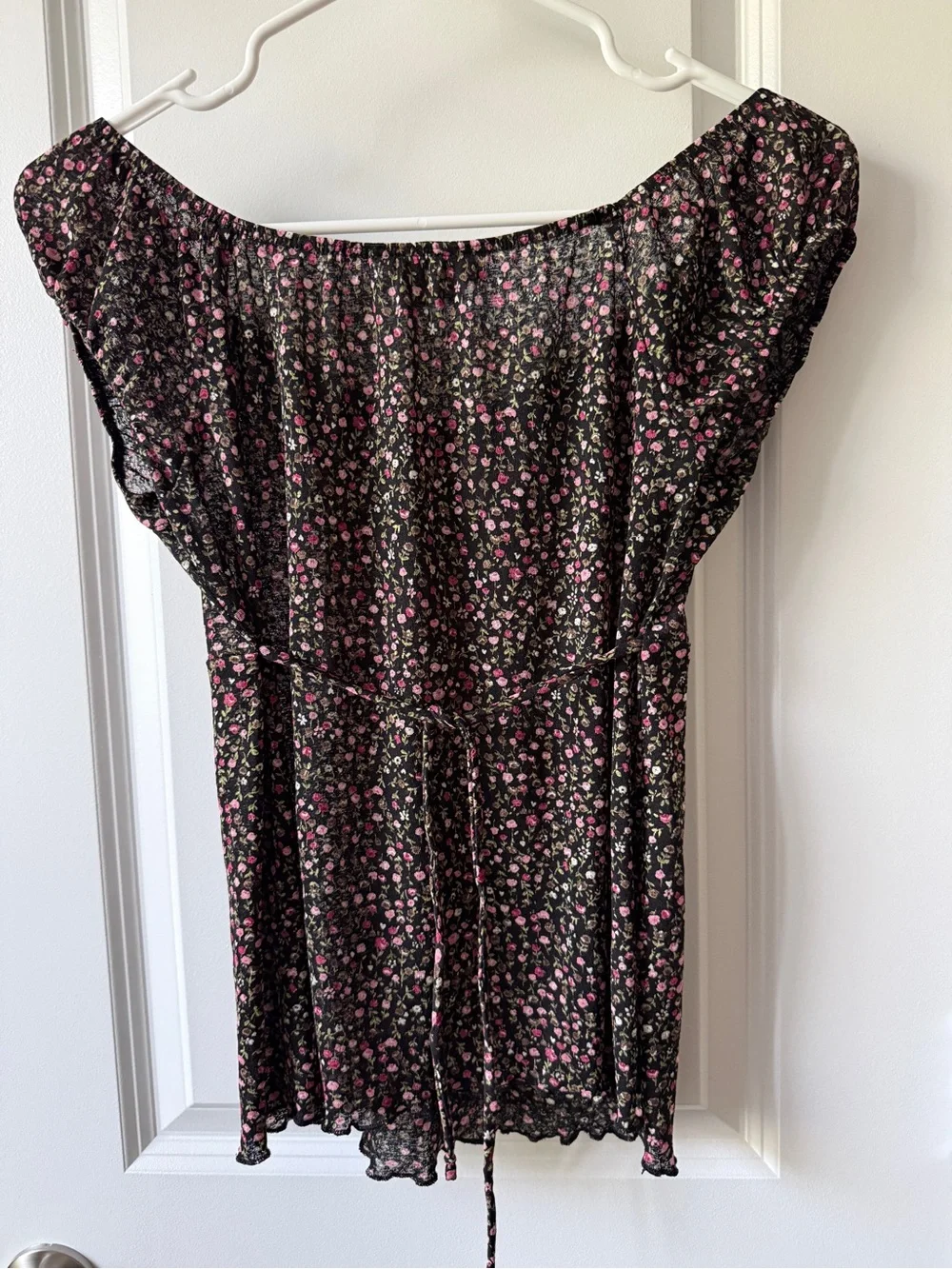 Self Esteem Black Off-Shoulder Dress with Pink Floral Print